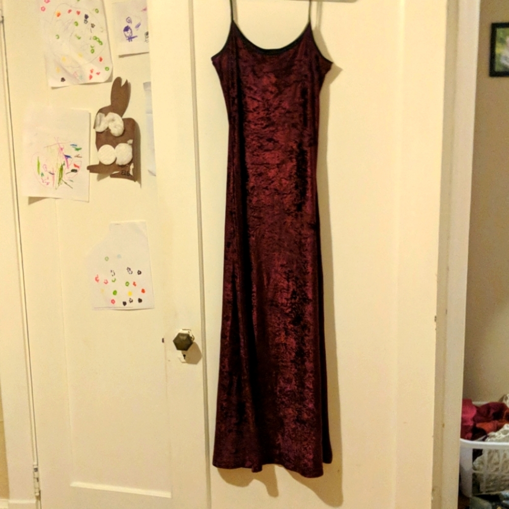 Maroon velvet floor length dress from Cruella